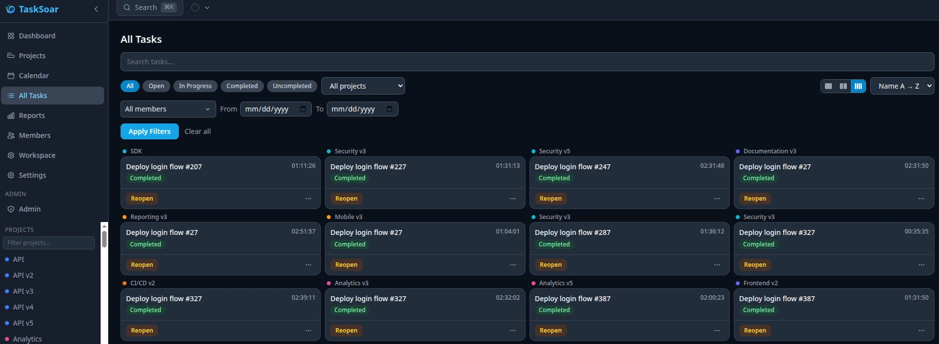 All Tasks view showing task list with time entries